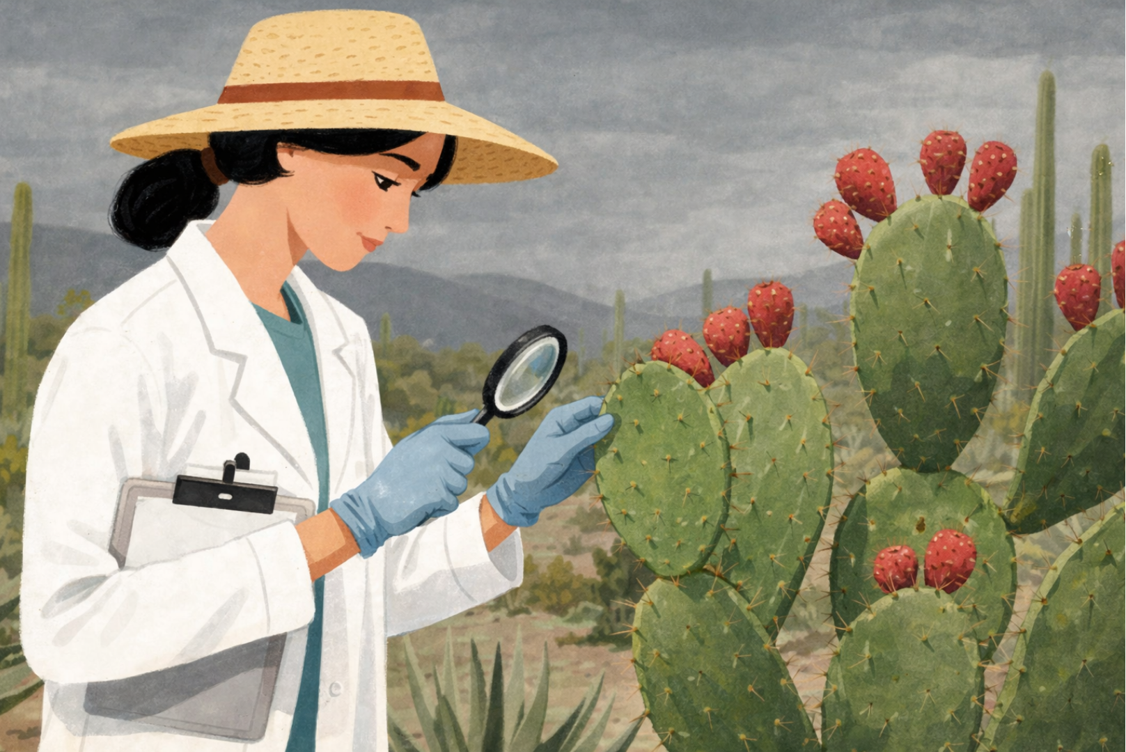 Investigadora observando el nopal en campo